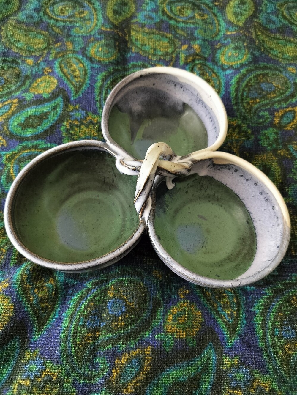 Ceramic Triple Dish Vintage 70's-80's Studio Art Handmade- EarthyGreen and White
